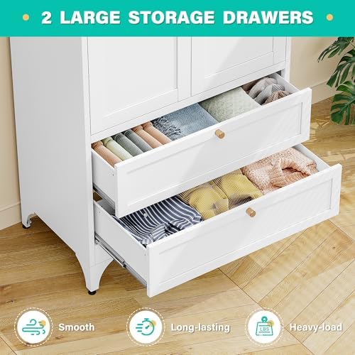 SISESOL Metal Wardrobe Cabinet with Drawer and Hanging Rod,Armoire Wardrobe Closet with Doors,White Metal Clothing Storage Cabinet with Adjustable Shelves,Armoire Storage Cabinets for Home,Bedroom