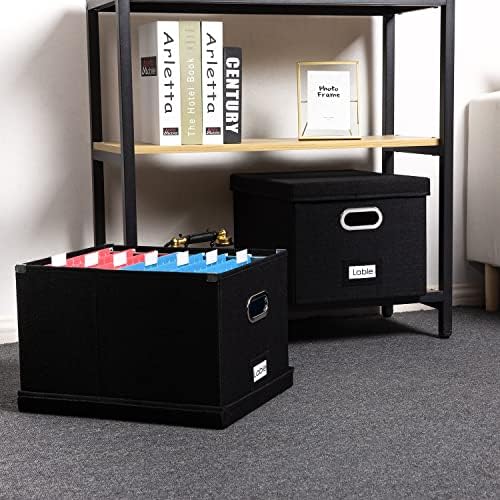 PRANDOM File Organizer Box - Set of 1 Collapsible Decorative Linen Filing Storage Hanging File Folders with Lids Office Cabinet Letter/Legal Size Black (17x14x11.2 inch)