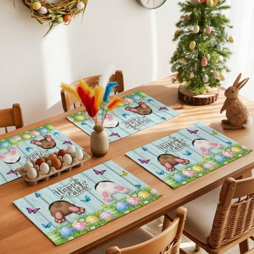 Spring Easter Placemats Set of 6, Funny Bunny Tails Rabbit Heat Resistant Washable Dining Table Mats Floral Farmhouse Decor for Kitchen&Table Linens Outdoor IndoorOutdoor Indoor