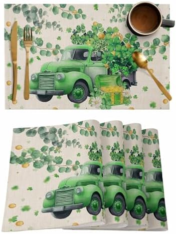 St Patricks Day Placemats Set of 4, Green Shamrock Clover Cotton Linen Table Mats Non-Slip Gold Coins Irish Spring Retro Green Truck Shamrocks Eucalyptus Leaves Placemat for Dining Kitchen Table