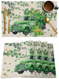 St Patricks Day Placemats Set of 4, Green Shamrock Clover Cotton Linen Table Mats Non-Slip Gold Coins Irish Spring Retro Green Truck Shamrocks Eucalyptus Leaves Placemat for Dining Kitchen Table