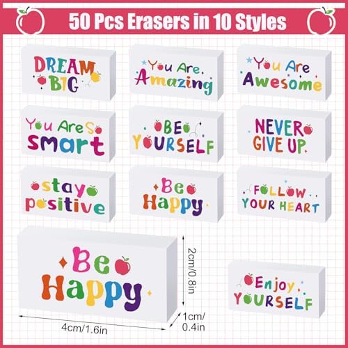 50 Pcs Back to School Inspirational Pencil Erasers for Kids Bulk