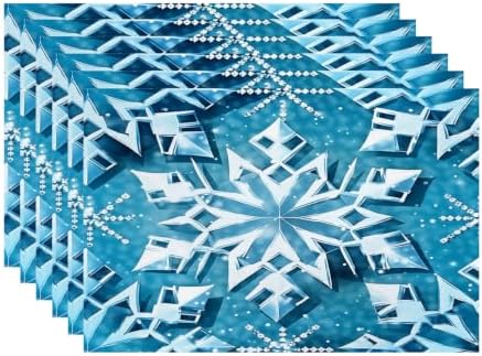 Batmerry Blue Winter Snowflakes Linen Placemats Set of 6, Seamless Blue Abstract Geometric Washable Table Mats for Kitchen Table Thickened Heat Insulation Dining Set Indoor Outdoor 12X18 in