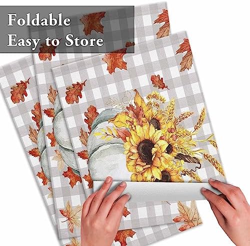 Fall Pumpkins Leaves Placemats Set of 4, Thanksgiving Heat Resistant Washable Table Place Mats Rustic Farmhouse Gray Buffalo Plaid Table Linens Party Decor for Home Kitchen Dining Outdoor Indoor