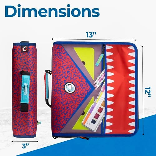 Case-it The Dual 2-in-1 Zipper Binder | Two 1.5-Inch D-Rings, 600 Sheet Capacity, Pencil Pouch & Multiple Pockets | School & Office Organizer with Shoulder Strap | Dual-101 Monster Design Red