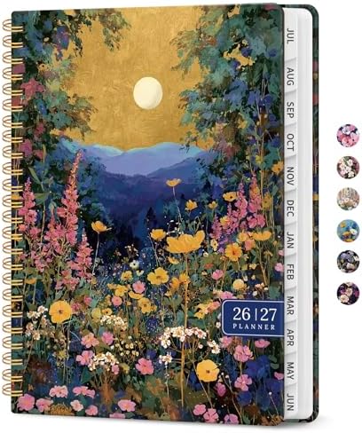 Planner 2026-2027, Monthly & Weekly Jul 2026-Jun 2027 Calendar Book | 6.3" x 8.5", Hardcover Spiral Planner with Tabs, School & Daily Pretty Agenda for Women, Students, Teachers, Moonlit Meadow