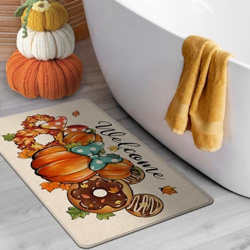 Welcome Pumpkin Decorative Front Door Mat, Autumn Wreath Doughnut