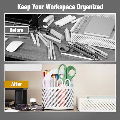 Mind Reader Round Metal Desktop Carousel Organizer with Handle, Four Compartments, Office Supplies and Accessories, Metal, White