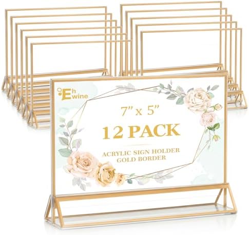 EHWINE 12 Pack Acrylic Sign Holder 5 x 7 Horizontal, Double-Sided Stand up Table Top Sign Holders, Gold Acrylic Picture Frame Menu Flyer Paper Holder Display Stand for Office Business Store Wedding Party