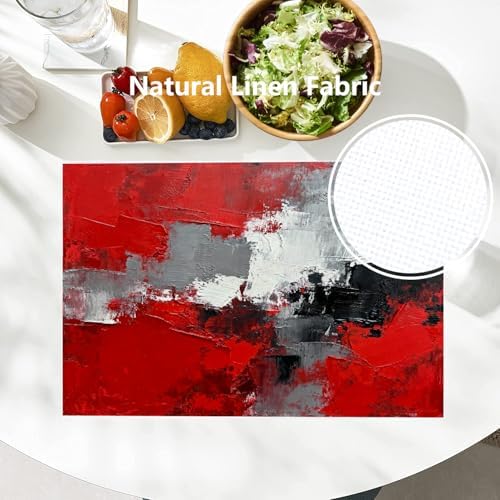 Batmerry Abstract Oil Painting Linen Placemats Set of 4, Art Red Grey Scarlet Modern Artwork Washable Table Mats for Kitchen Table Thickened Heat Insulation Dining Set Indoor Outdoor 12X18 in