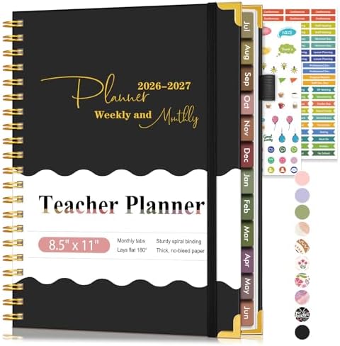 Teacher Planner 2026-2027, July 2026 - June 2027, Academic Weekly & Monthly Calendar Planner with Tabs, 8.5" x 11" A4 Teacher Lesson Plan Book with 7 Periods, Daily Agenda School Organizer for Teacher Student Homeschool, Black