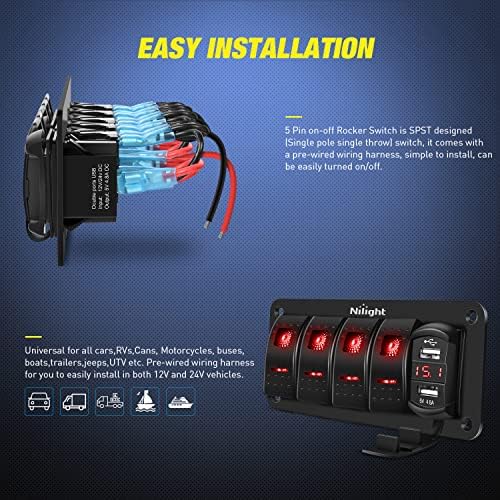 Nilight 4 Gang Rocker Switch Panel with Dual USB Socket Voltmeter