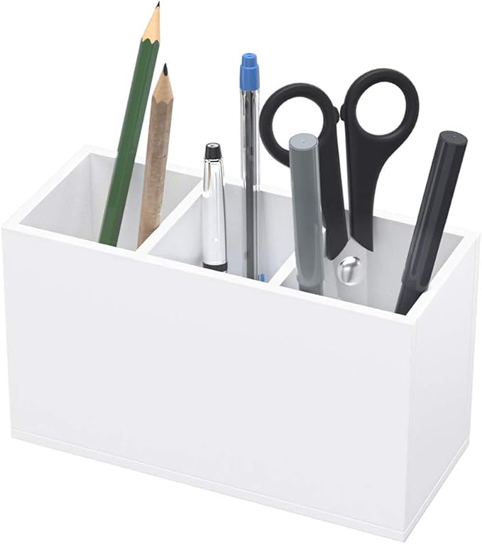 NIUBEE Acrylic Pen Holder 3 Compartments, White Pencil Organizer Cup for Countertop Desk Accessory Storage | Scratch-resistant thick acrylic with 3 slots for pens, pencils, makeup brushes, office, vanity and school use