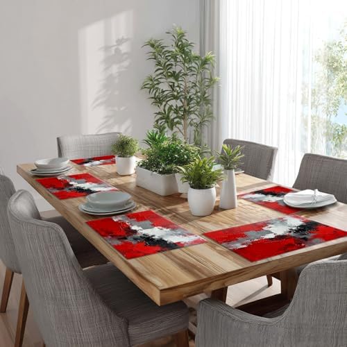 Batmerry Abstract Oil Painting Linen Placemats Set of 8, Art Red Grey Scarlet Modern Artwork Washable Table Mats for Kitchen Table Thickened Heat Insulation Dining Set Indoor Outdoor 12X18 in