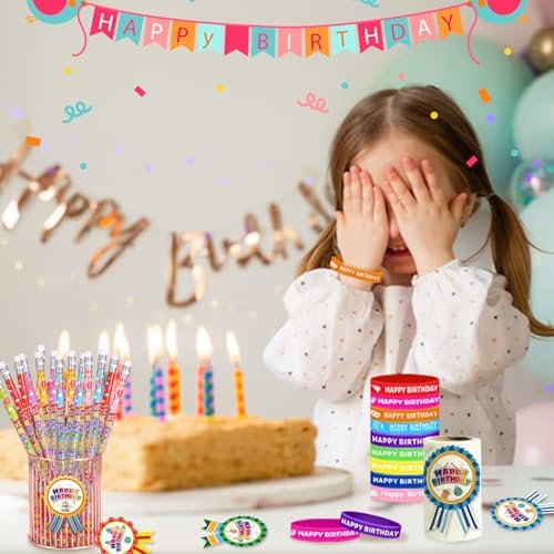 172 Pcs Birthday Pencils Set: 36 Happy Birthday Pencils, 36 Wristbands, 100 Badge Stickers for Teacher, Classroom, Party Favors