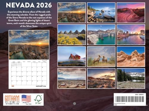 Nevada Calendar 2026 Wall 12 Month Monthly NV Scenic Souvenirs Themed Gifts | American Made In The USA