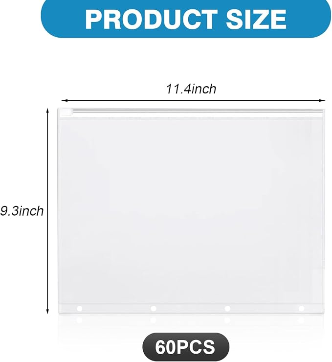 60 Pieces A4 Binder Zipper Pouches, Clear 4 Holes Document Holders | Zip Envelopes Waterproof PVC Folders Binder Pouch Filing Bags for School Office Travel Storage Document Letter Supplies