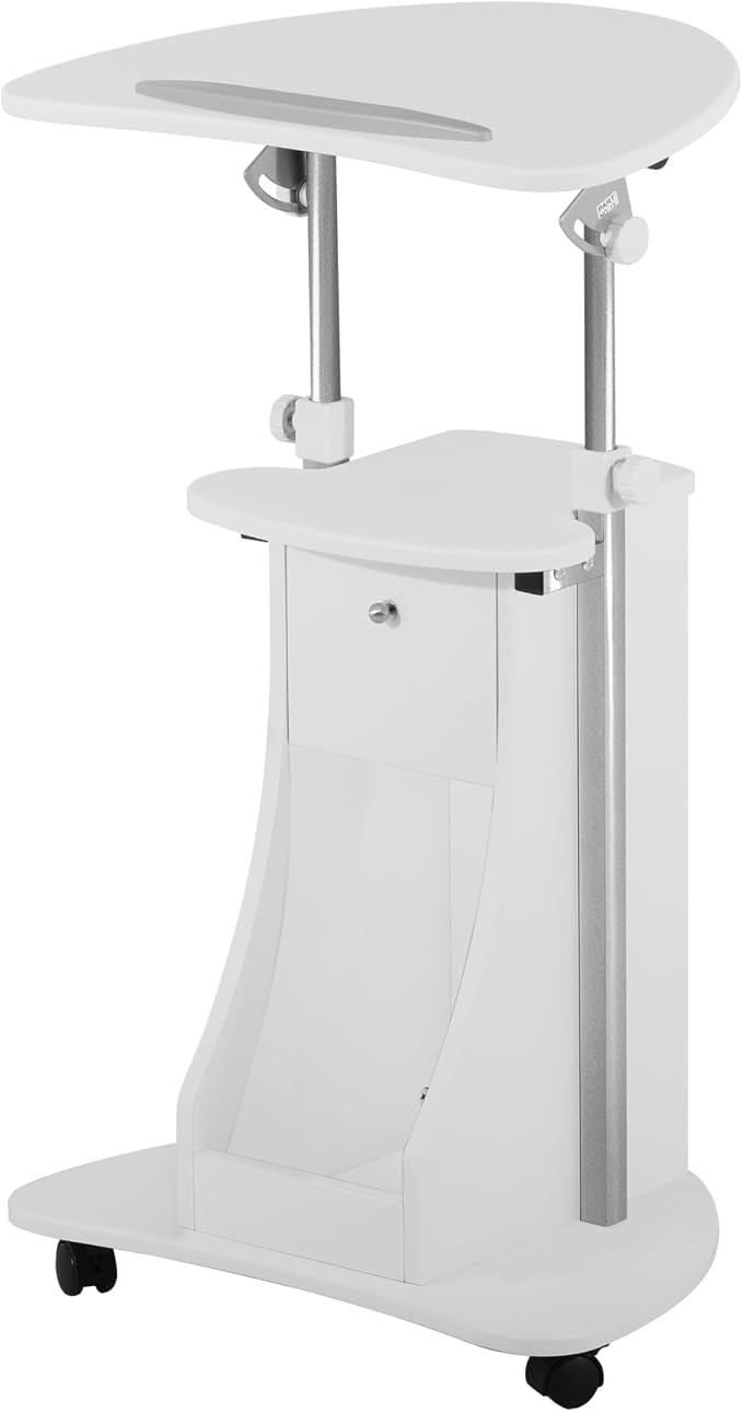 Techni Mobili Adjustable Height Rolling Laptop Cart with Storage, White | Adjustable Height Rolling Laptop Cart with Tilting Top, Storage Shelf, Locking Wheels, Sit to Stand Desk, Mobile Podium,White