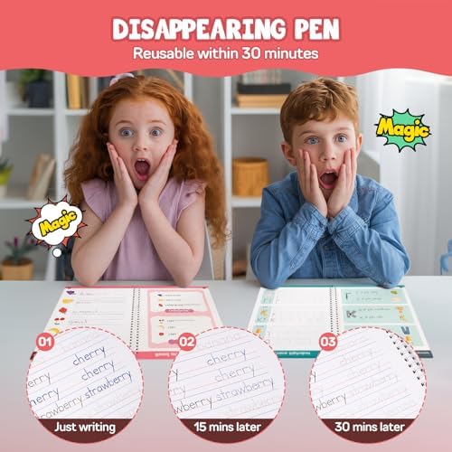 Magic Grooved Writing Practice Books, Reusable 3D Grooved Handwriting Practice for Kids Ages 3-5, Disappearing Ink Pens & Grips, Perfect Educational Gift