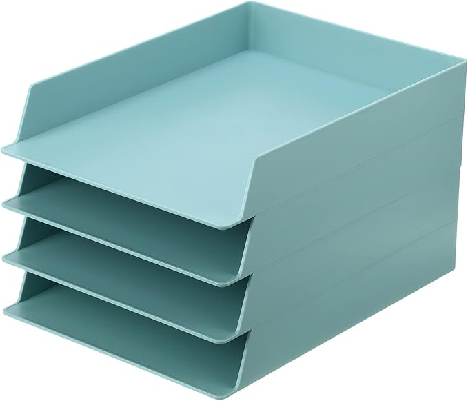 Tatuo 4 Pack Stackable Paper Trays Plastic Letter Tray Desk Organizer Paper Holder Organizer Storage Office Desk Accessories for Classroom Magazine File Documents 12.8 x 9.45 x 1.97, Blue Green