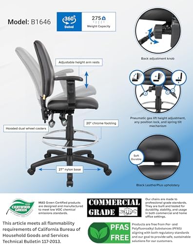 BOSS Office Products B1646 Multi-Function LeatherPlus Drafting Stool with Adjustable Arms, Black