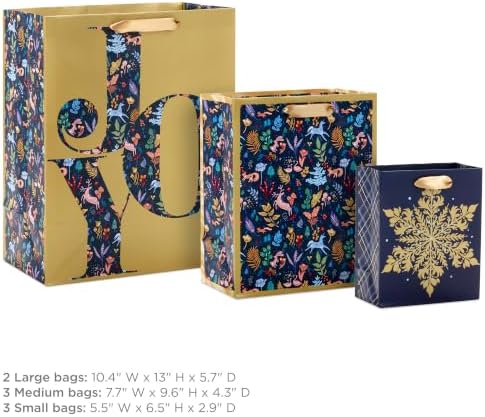 Hallmark Assorted Holiday Gift Bags (8 Bags: 3 Small 6", 3 Medium 9", 2 Large 13") Winter Woodland Joy, Navy Blue, Gold