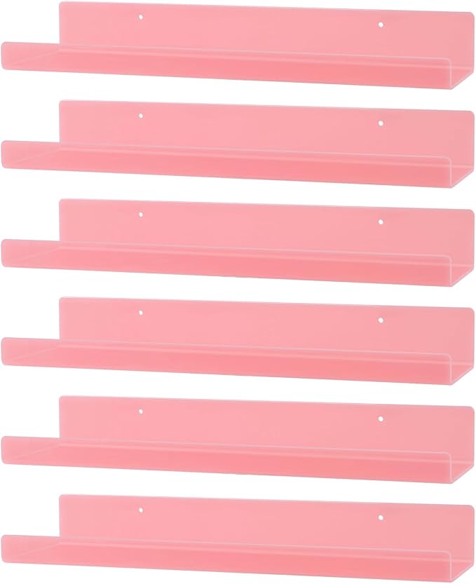 Dezzer 6 Pack Acrylic Shelves for Wall, 15" Acrylic Floating Shelves for Bathroom Bedroom, Invisible Bookshelf Wall Ledge Storage Shelf Books Perfume Toys Action Figure Display Shelves, Pink