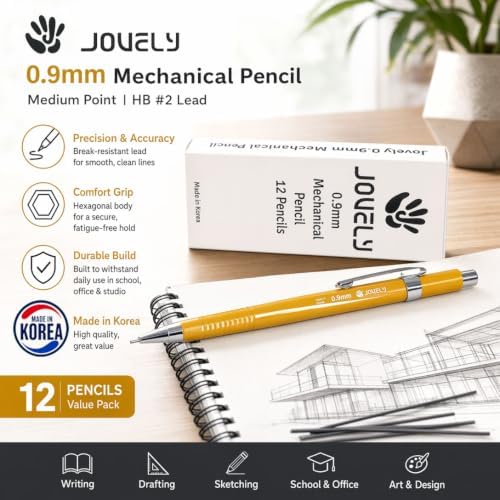 0.9mm Mechanical Pencils, HB #2, Yellow, 12 Count, Made in Korea