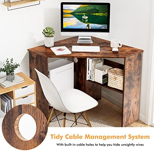 COSTWAY Corner Computer Desk, Space-Saving Triangular Writing Desk w/ 2 Storage Shelves & 2 Cable Holes, Multi-Functional Console Table for Small Space in Home Office, Living Room, Bedroom (Coffee)