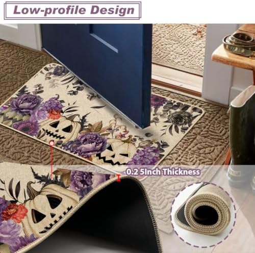 Baccessor Halloween Kitchen Rugs Set of 2, Purple Flowers Spooky Pumpkin Kitchen Mats Low-Profile Non Slip Washable Rugs for Floor Home Decor 17x29 and 17x47 Inch