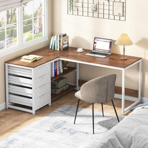 Tribesigns L Shaped Computer Desk with Storage Drawers, 59 inch Corner Desk with Shelves, Reversible L-Shaped Office Desk Study Writing Table Workstation for Home Office, Walnut & White