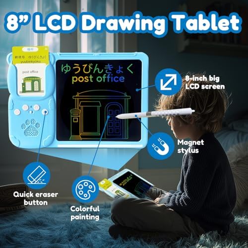Writing Tablet with Bilingual Flash Cards for Kid, Japanese Blue