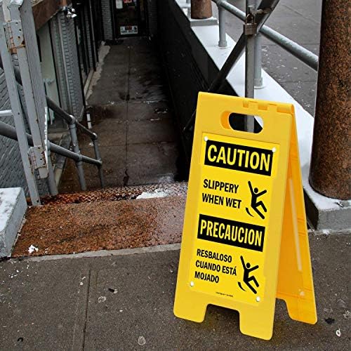 SmartSign - SF-0193-FB-25x12 "Caution - Slippery When Wet" Bilingual Folding Floor Sign | 25" x 12" Plastic Black on Yellow