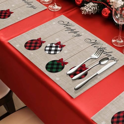 Christmas Theme Placemats Set of 4, Farmhouse Rustic Ornaments Plaid Balls Cotton Line Stain Resistant Table Mats Washable Holidays Placemat Decoration For Kitchen Dining Table Happy Holidays