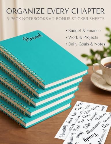5 Pack Hardcover Spiral Notebooks, 8.3" x 6.3" Lined Journal Set, 100 GSM Bleed-Resistant Paper, 200 Pages Twin-Wire Bound Notebook with Elastic Band & Category Stickers for Office, School