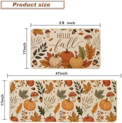 Baccessor Fall Kitchen Rugs Set of 2, Pumpkin Mushroom Kitchen Mats for Floor Washable Low-Profile Farmhouse Autumn Holiday Home Indoor Outdoor Decor 17x29 and 17x47 Inch