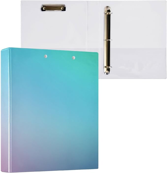 3 Ringed Binder 1 and A Half Inch Notebook Binders with Pockets 1/2 Pack School Binder Hardcover Teal Gradient Blue Pink Colored Blurred