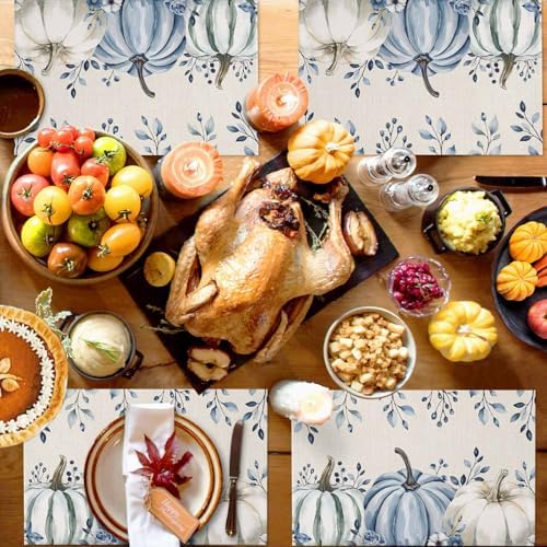 Fall Placemats Set of 4, White Pumpkin Place Mats Blue Pumpkin Eucalyptus Leaves Floral Tablemats Harvest Thanksgiving Placemat Table Decor for Kitchen Table Holiday Dinner Party Autumn Home Decor
