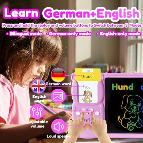 Writing Tablet with Bilingual Flash Cards for Kids, German, Pink