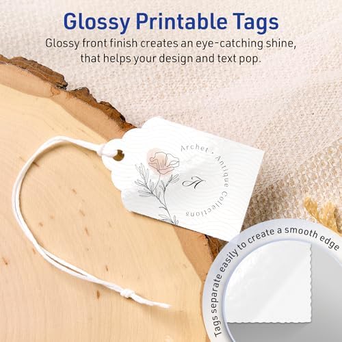 Avery Printable Rectangle Scalloped Tags, Sure Feed Technology, 2" x 1-1/4", Glossy White Cardstock, Print-To-The-Edge, Laser/Inkjet Printable, 450 Total, Great for Custom Gift or Branding Tags