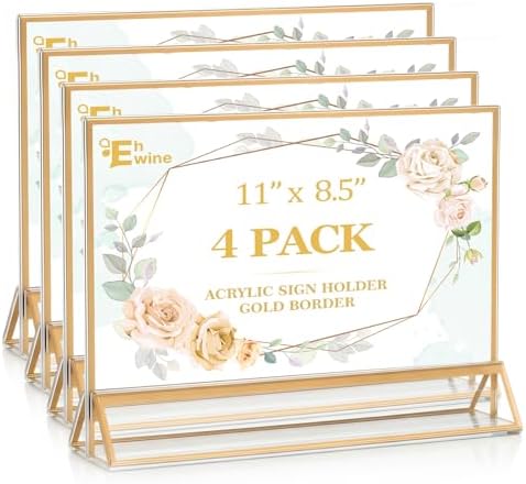 EHWINE 4 Pack Acrylic Sign Holder 8.5 x 11 Horizontal, Double-Sided Stand up Table Top Sign Holders, Gold Acrylic Picture Frame Menu Flyer Paper Holder Display Stand for Office Business Store Wedding Party