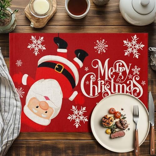 Red Merry Christmas Placemats Set of 6, Funny Hanging Santa Heat Resistant Washable Table Place Mats Snow Winter Holiday Cotton Table Linens Party Holiday Decor for Kitchen Dining Outdoor Indoor