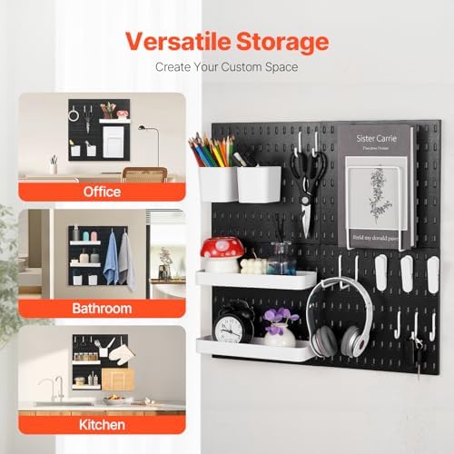 VEVOR Pegboard Combination Kit, 11" x 11" Plastic Pegboard, 4 Panels, Peg Board Wall Organizer Kit with Accessories, for Garage Tool Storage Kitchen Living Room Craft Room Office Bathroom Home, Black