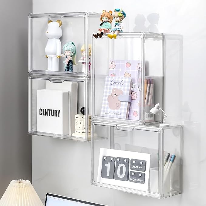 BOHOIDEE 3 Tiers Clear Display Case for Figures, Acrylic Storage Organizers Box with Magnetic Door, Wall-Mounted Dustproof Showcase for Collectibles Action Figure(2PACK Wall-Mounted Medium)