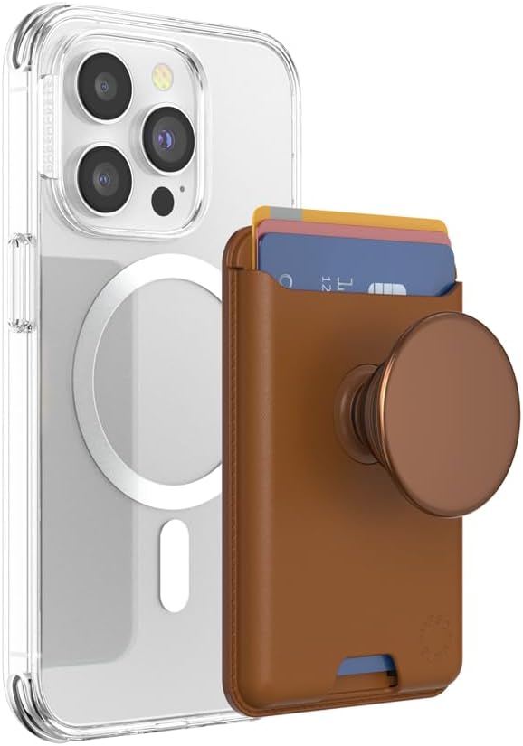 PopSockets Phone Wallet for MagSafe with Grip- Cognac | PopWallet, Holds 3 Cards, Magnetic, Removable, Secure, Brown, Plain, Cream, Beige, Summer Spring
