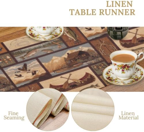 Retro Rustic Style Table Runner, Vintage Moose Deer Bear Leaf Tree Country Style Farmhouse Cottage Cabin Dinner Table Decoration for Home Kitchen Dining 13"x60"