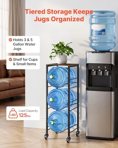 VEVOR Movable 5 Gallon Water Jug Holder for 3 Bottles, 3 or 5 Gallon Water Bottle Holder with Top Shelf, Lockable Casters, Handle, Heavy Duty Jug Rack Organizer for Kitchen, Home, Office, Black+Brown