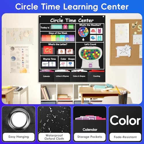 Circle Time Learning Center Classroom Pocket Chart, Circle Time Calendar Preschool Include 224 Cards, Educational Pocket Chart Material, Learning Calendar Weather Letter Counting Color Shape