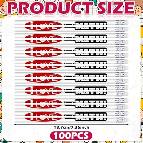 Tenceur 100 Pcs I Love Math Motivational Pencils with Erasers Bulk 7.3 Inches Student Incentives Recognition Education Award Prize for Teacher School Classroom Reward Supplies