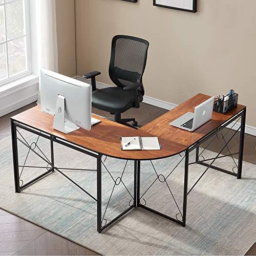 VECELO 59" L Shaped Computer Desk, Corner Computer Desk, Sturdy Home Office Computer Table for Small Space, Writing Desk, Larger Gaming Desk Workstation, Brown